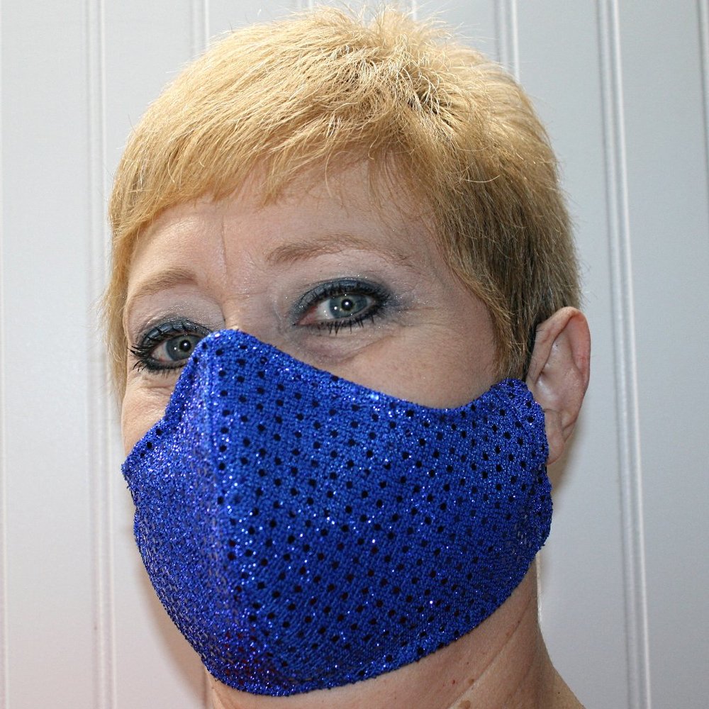 HAND CRAFTED Face Mask Royal Blue Confetti Dot Sequin - Adult - Shield Style